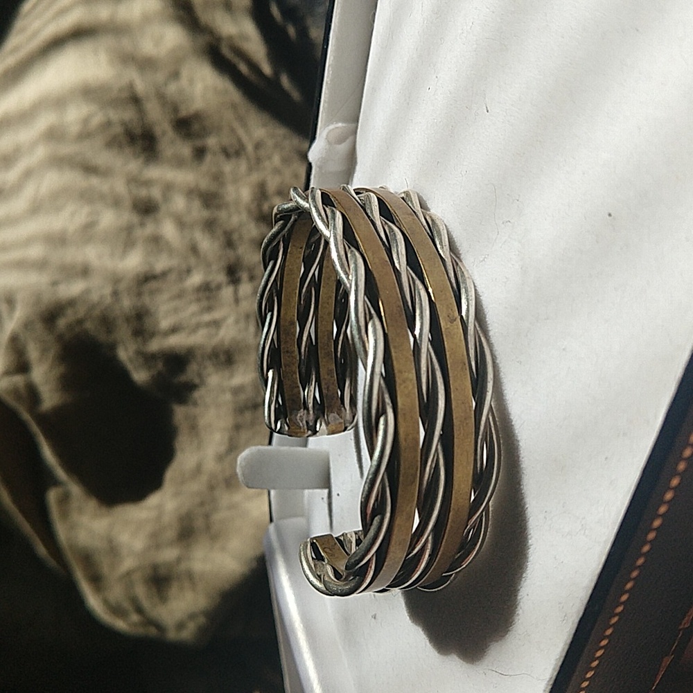Cuff bracelet 925 sterling silver and brass taxco style unisex textured vintage